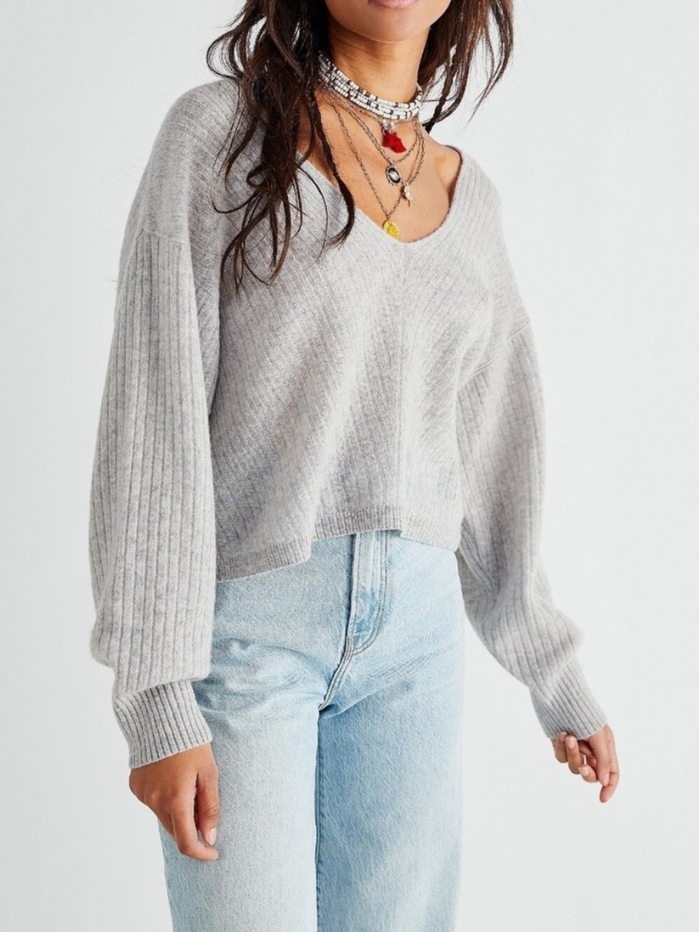 Free People Elias Cashmere V-Neck Crop Sweater Gray